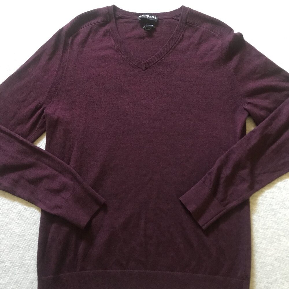 Express Sweater Merino Wool Long Sleeve V-Neck Burgundy Maroon Men's size M